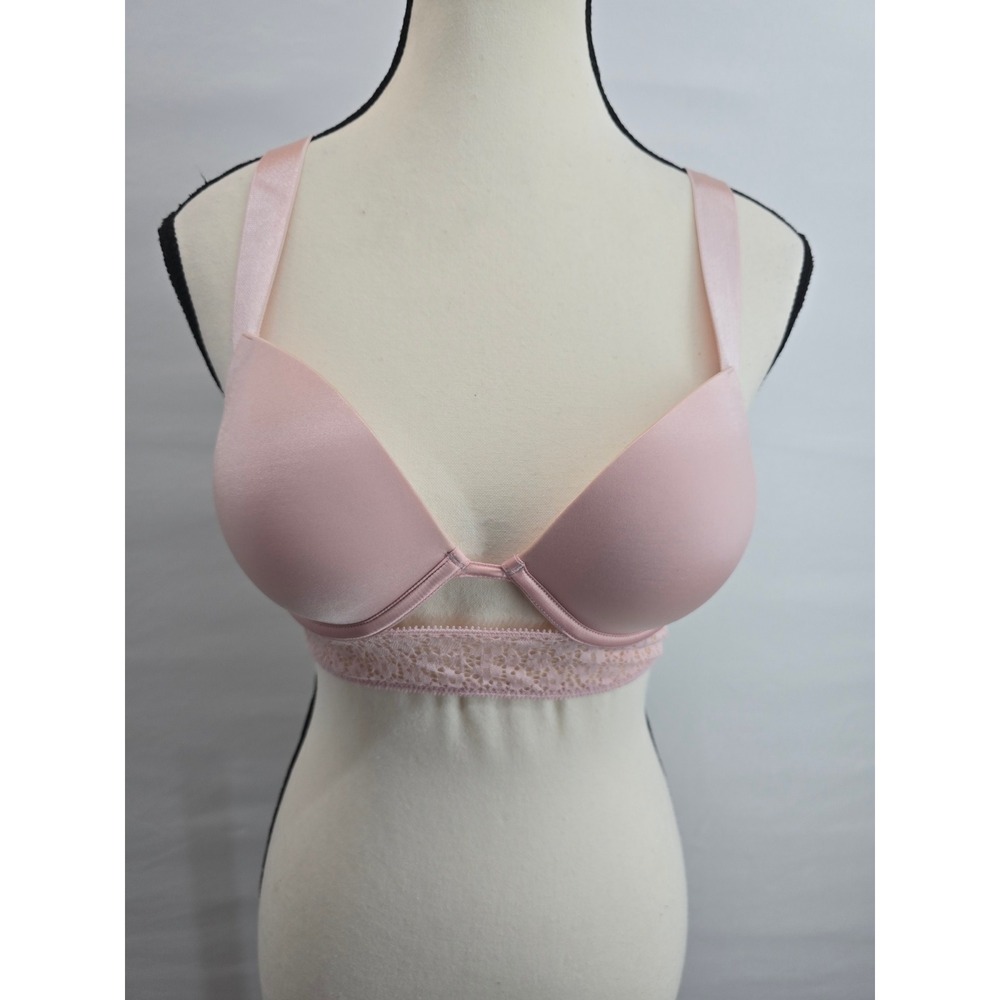 Victoria's Secret Pink Lace Longline Push Up Bra 32C Underwire Padded Satin‎